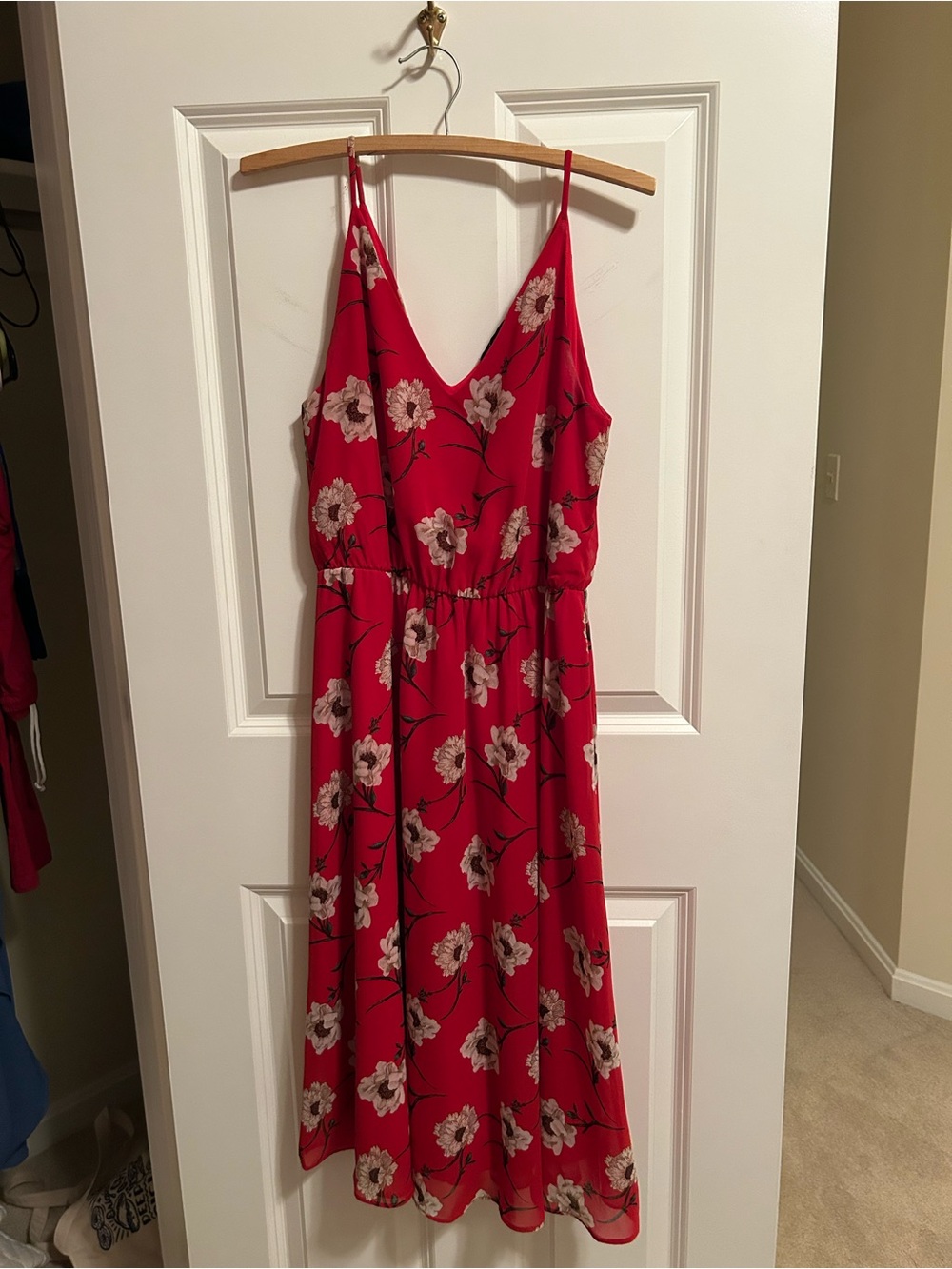 Soprano Red Floral V-Neck Spaghetti Strap Midi Dress